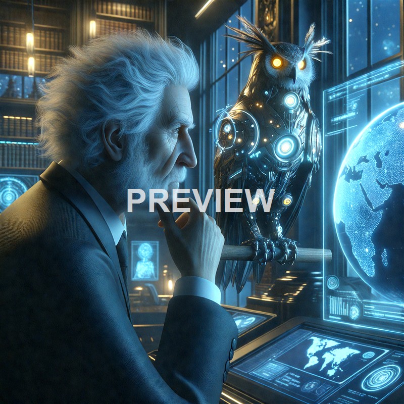 An elderly man with white hair and a contemplative expression is sitting in a high-tech, futuristic control room, closely observing a holographic display of Earth and a robotic owl perched on a console.